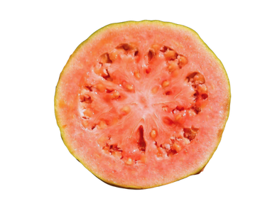 A halved pink guava