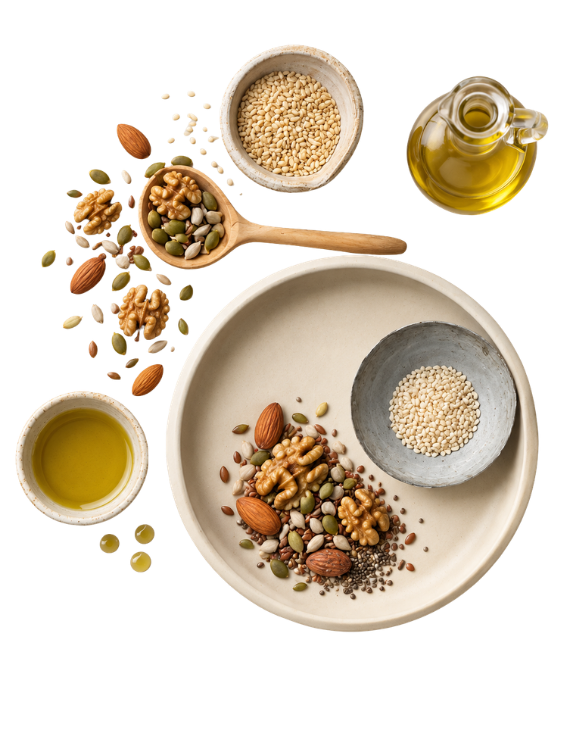 Nuts, sesame seeds and oils arranged around a plate